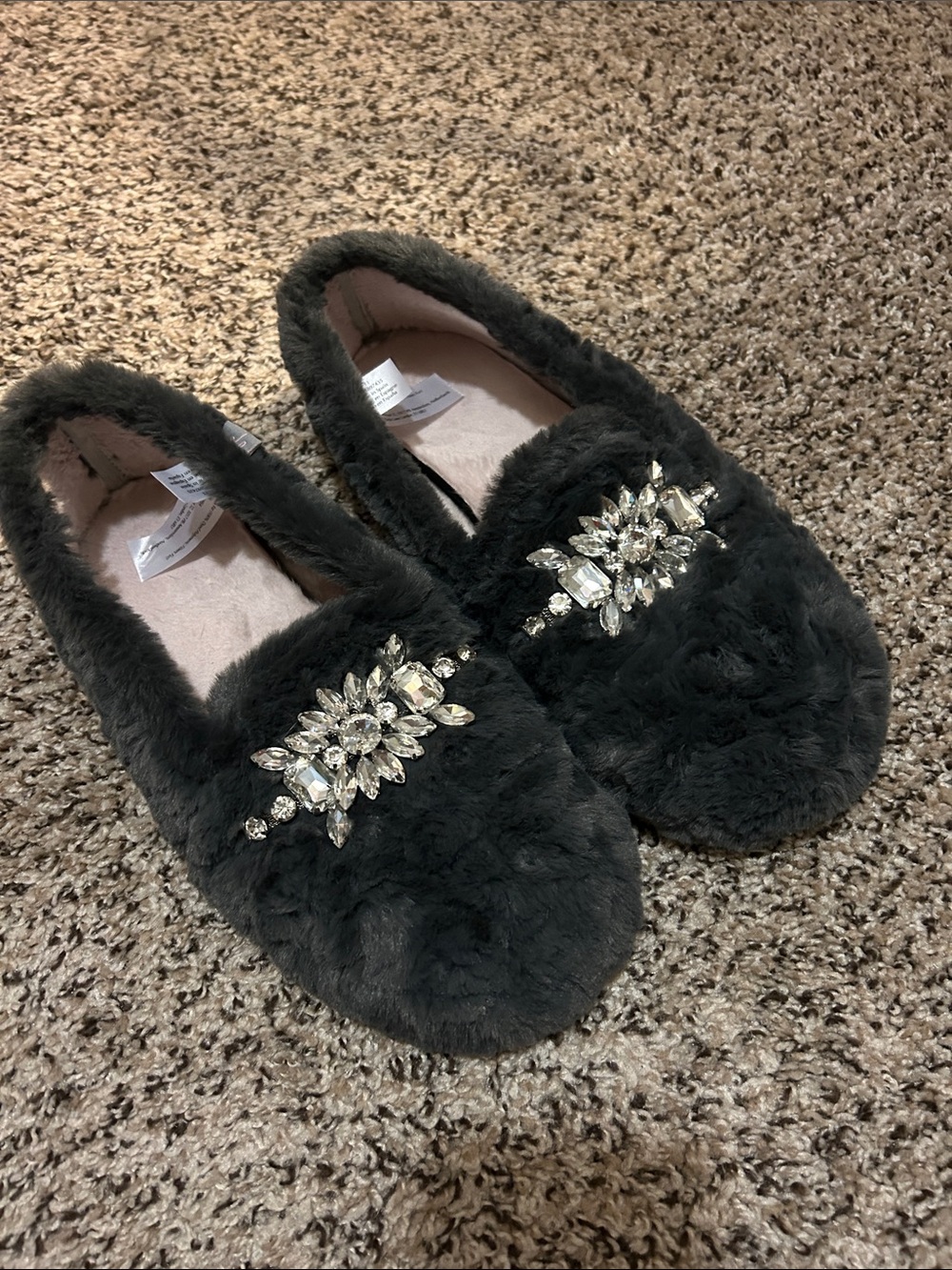 Anthropologie Charcoal Faux-Fur Slip-On Slippers with Crystal Accents